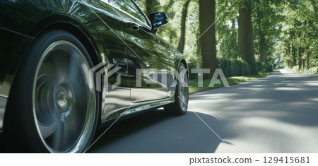 Blurred motion of car wheel during high-speed travel on road 129415681