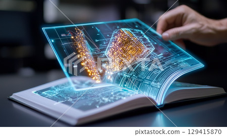 Explore the world a person holding a book featuring a vibrant cityscape 129415870