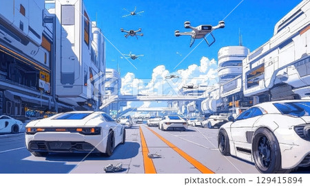Futuristic cityscape drones and sleek cars on a sunny day 129415894
