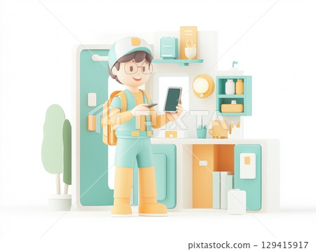 Happy delivery boy using smartphone at customers door   3d illustration 129415917