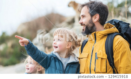Happy family adventure dad and daughters exploring natures wonders. 129415918