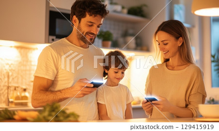 Happy family using smartphones together in warmly lit kitchen at night. 129415919