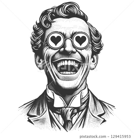 Portrait of Man with Heart Eyes engraving vector 129415953