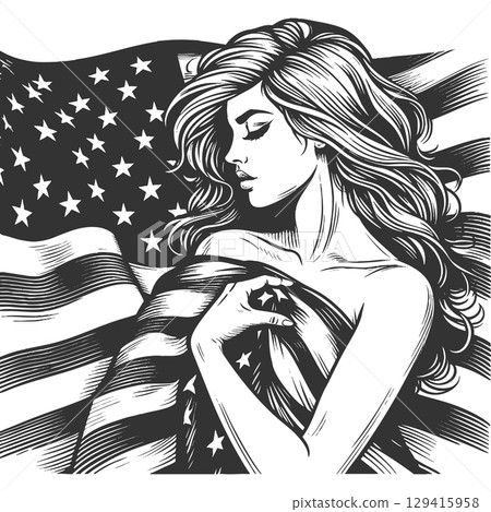 Elegant woman wrapped in American flag vector 129415958