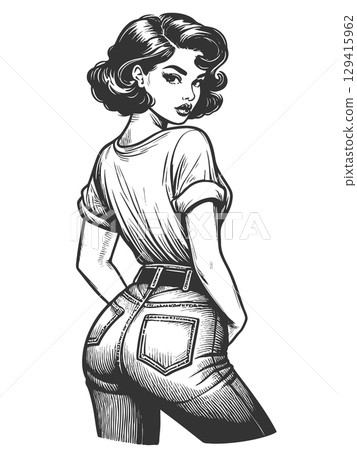 Stylish retro woman in high-waisted jeans vector 129415962