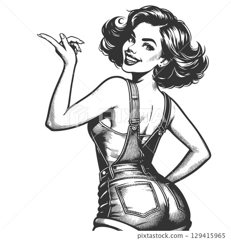 Playful retro woman in denim overalls vector 129415965