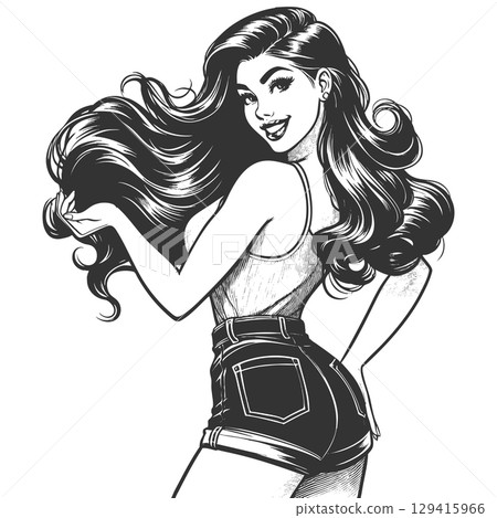 Pin-Up Girl in Shorts Flipping Hair vector 129415966