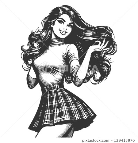 Pin-Up Girl in Plaid Skirt and Turtleneck vector 129415970