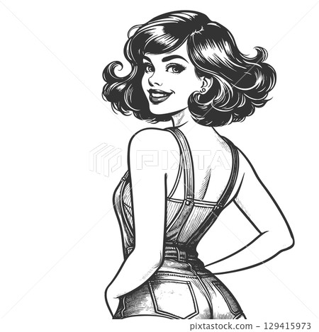 Pin-Up Girl in Denim Overalls vector illustration 129415973