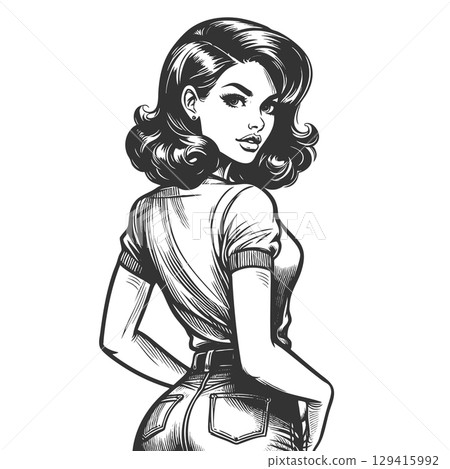 Retro Woman in Jeans Looking Back vector Retro Woman in Jeans Looking Back vector 129415992