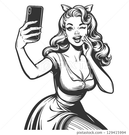 Woman Taking Selfie engraving vector illustration Woman Taking Selfie engraving vector illustration 129415994