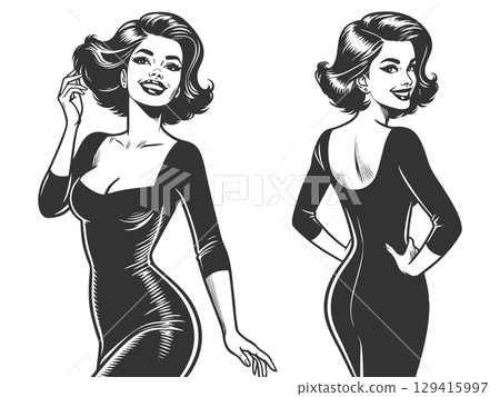 Pin-Up Girl in Black Dress engraving sketch vector 129415997