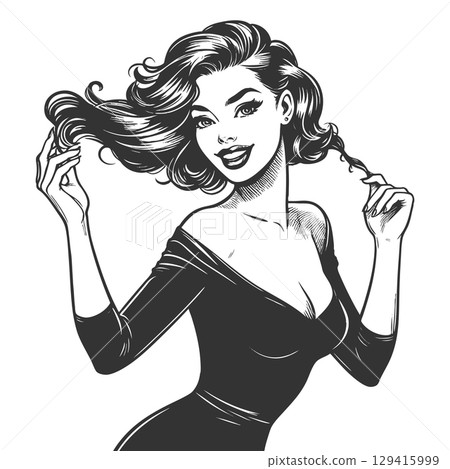 Pin-Up Girl in Black Dress engraving sketch vector Pin-Up Girl in Black Dress engraving sketch vector 129415999