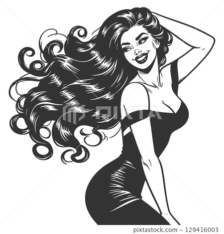 Pin-Up Girl in Black Dress engraving sketch vector 129416003