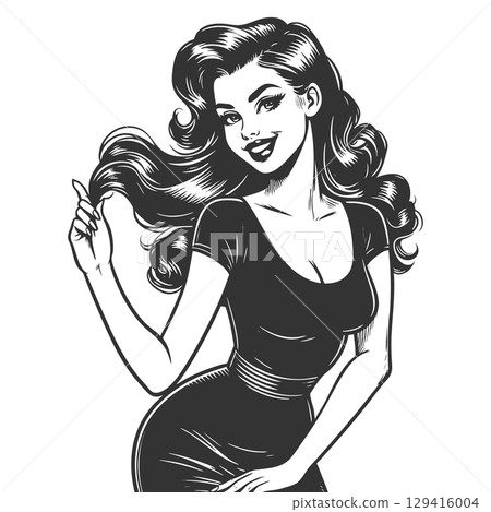 Pin-Up Girl in Black Dress engraving sketch vector 129416004