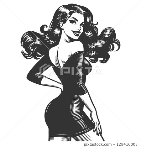 Pin-Up Girl in Black Dress engraving sketch vector Pin-Up Girl in Black Dress engraving sketch vector 129416005