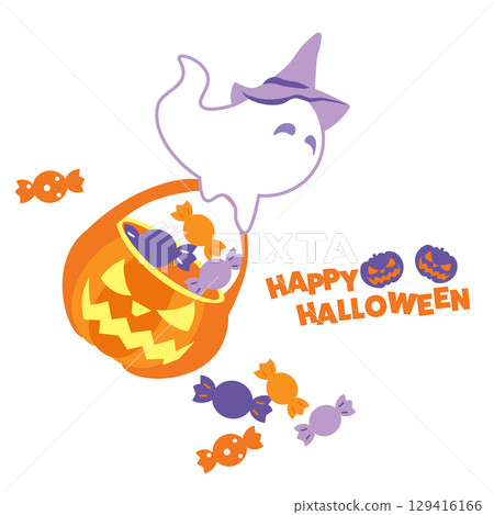 萬聖節插圖：一個戴著女巫帽、拿著糖果的可愛鬼魂 129416166