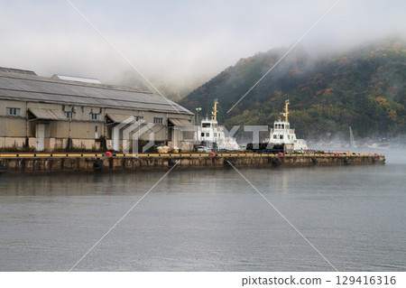 Small harbor in the fog 129416316