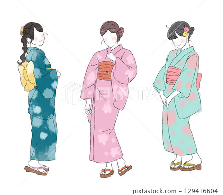 彩色三位身穿浴衣的女孩 129416604