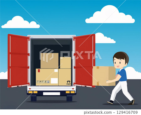 Man loading luggage onto truck 129416709