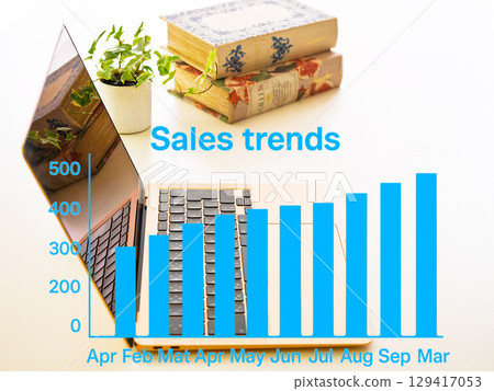 Laptop, houseplant, sales trend graph Laptop, houseplant, sales trend graph 129417053