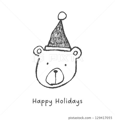 Bear face in Santa hat. Hand drawn line art illustration. 129417055