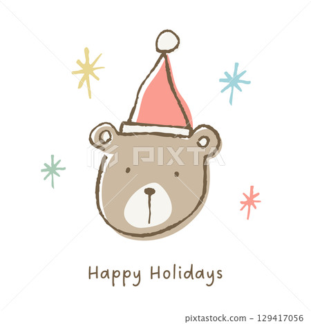 Cute bear face wearing a Santa hat. Hand drawn line and pastel color illustration 129417056