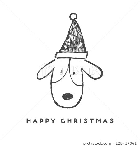 Dog face wearing a Santa hat. Hand drawn line art illustration. 129417061