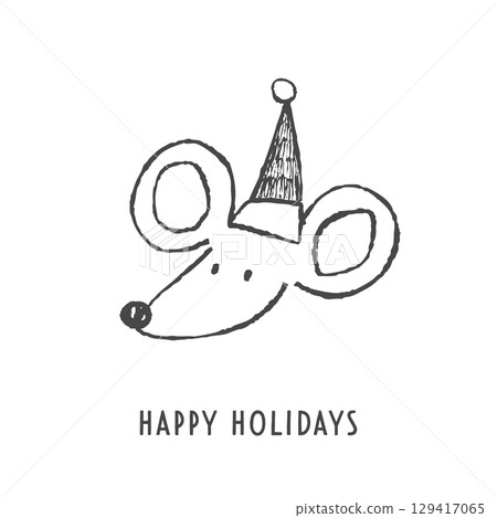 戴著聖誕帽的老鼠臉。手繪線條藝術插圖。 129417065