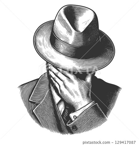 Man in Suit and Hat Facepalming engraving vector 129417087