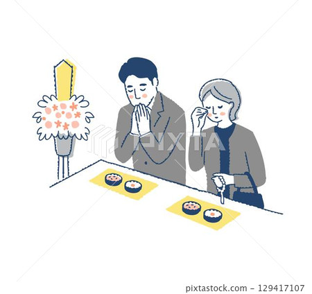 葬禮上,身著喪服的男女站在香爐旁 葬禮上,身著喪服的男女站在香爐旁 129417107