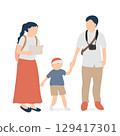 一家人帶著孩子在旅遊景點散步的旅行插圖（地圖和相機） 129417301
