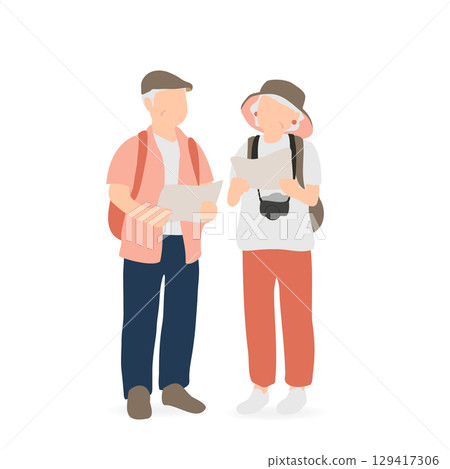 一對老年夫婦看地圖的旅行插圖 129417306