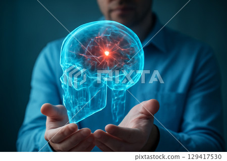 AI generated image of a person holding a 3D glowing transparent skull with intricate anatomical details. The holographic model displays vibrant red-orange light spots, symbolizing inflammation 129417530
