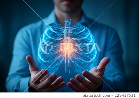 AI generated image of a glowing 3D ribcage held by a medical professional, showcasing advanced anatomical details and diagnostic power in a futuristic setting. A vibrant, glowing focus the medical 129417531