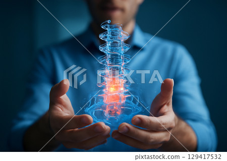 AI generated futuristic medical scene showcasing a man holding a glowing 3D holographic spine with intricate vertebral structures. The transparent model highlights red-orange areas 129417532