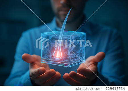AI generated image of a medical professional holding a 3D holographic skin model with glowing blood vessels, sweat glands, and hair follicles. A futuristic concept showcasing precision AI generated image of a medical professional holding a 3D holographic skin model with glowing blood vessels, sweat glands, and hair follicles. A futuristic concept showcasing precision 129417534