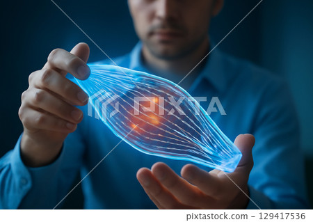 AI generated image of a man holding a glowing skeletal muscle hologram. The transparent 3D model illuminates with red-orange highlights, symbolizing medical diagnosis and treatment. 129417536