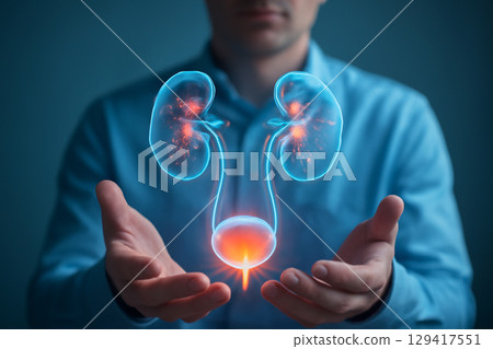 AI generated futuristic medical concept featuring a glowing holographic model of the urinary system held by a professional. The image conveys the precision of anatomy power of modern diagnostics. 129417551