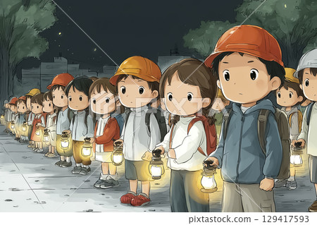Children lined up in the schoolyard with flashlights (nighttime evacuation drill) 129417593