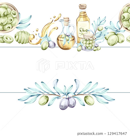 Watercolor illustrations of olives and olive oil inspired by Italian cuisine and nature frame, border, arrangement 129417647