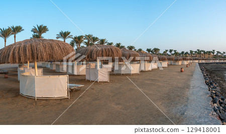 Row of Thatched Umbrellas on Marsa Alam Beach 129418001
