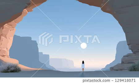 A mysterious woman stands in a barren area surrounded by rocky mountains, looking up at the full moon rising in the sky 129418071