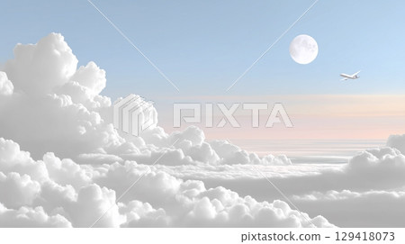 Airplane floating in the sea of clouds and the full moon 129418073