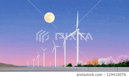 月夜中漂浮的風力渦輪機 月夜中漂浮的風力渦輪機 129418076