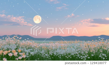 傍晚,滿月在花田上方升起 傍晚,滿月在花田上方升起 129418077