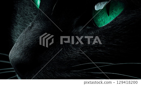 Black cat face close-up with green eyes 129418200