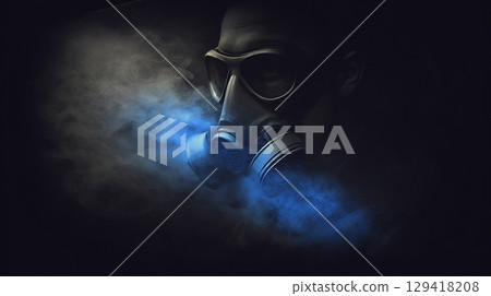 Fantasy scene with a person wearing a gas mask and blue smoke 129418208