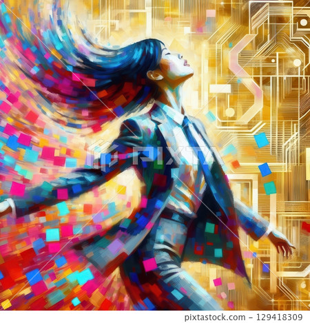 Dynamic Businesswoman in Suit with Abstract Color Explosion and Golden Circuit Background with Generative AI. 129418309