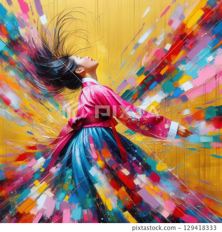 Joyful Woman in Vibrant Hanbok Jumping with Flowing Hair Against Abstract Color Explosion with Generative AI. 129418333